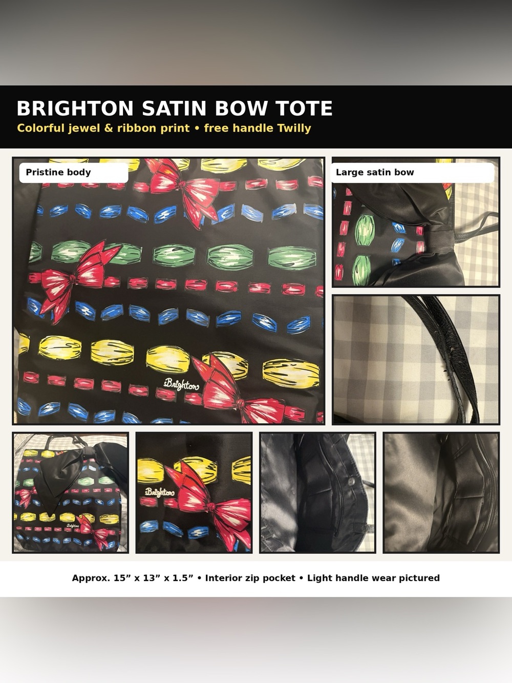 Brighton Satin Bow Tote Bag Colorful Jewel Ribbon Print Large Black Tote